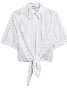 Off-White Tie Front Stripe Poplin Shirt Top White Logo Sz 36 NWT